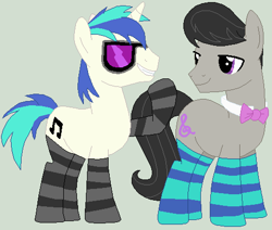 Size: 494x419 | Tagged: safe, artist:jadeharmony, artist:selenaede, dj pon-3, octavia melody, vinyl scratch, earth pony, pony, unicorn, g4, base used, bedroom eyes, bowtie, clothes, gay, glasses, gray background, male, octavius, raised hoof, record scrape, rule 63, ship:scrapetavius, ship:scratchtavia, shipping, simple background, socks, stallion, striped socks