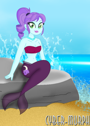 Size: 1288x1788 | Tagged: safe, artist:cyber-murph, crystal lullaby, mermaid, equestria girls, g4, my little pony equestria girls: friendship games, background human, belly, belly button, bra, clothes, crystal prep shadowbolts, cute, midriff, ponytail, rock, scales, sitting, tubetop, underwear