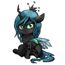Size: 708x708 | Tagged: safe, artist:tokokami, queen chrysalis, changeling, changeling queen, g4, chest fluff, chibi, crown, cute, cutealis, ear fluff, female, fluffy changeling, jewelry, looking at you, pouting, regalia, simple background, sitting, solo, transparent background