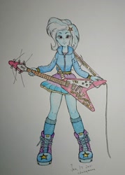 Size: 1463x2048 | Tagged: safe, artist:daisymane, trixie, equestria girls, g4, clothes, electric guitar, guitar, looking at you, musical instrument, shoes, smiling, solo, traditional art