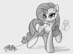 Size: 1401x1055 | Tagged: safe, artist:atlas-66, rarity, crab, pony, unicorn, g4, glass, leash, looking at you, magic, monochrome, mouth hold, sketch, telekinesis, wine glass