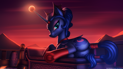 Size: 1600x900 | Tagged: safe, artist:shydale, idw, princess luna, alicorn, pony, g4, reflections, spoiler:comic, alternate hairstyle, butt, clothes, coat markings, couch, dappled, dark mirror universe, eclipse, equestria-3, evil counterpart, evil luna, eyeshadow, female, horn, horn ring, jewelry, looking at you, lunar eclipse, lying down, makeup, mare, mirror universe, moon, moonbutt, mountain, on side, ornament, plot, red sky, ring, socks, solo, spots, tail wrap, vase