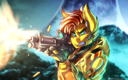 Size: 2961x1861 | Tagged: safe, artist:drizziedoodles, oc, oc only, oc:honey drizzle, anthro, armor, crossover, dmr, gun, halo (series), solo, weapon