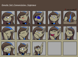Size: 1500x1095 | Tagged: safe, artist:skydreams, oc, oc:soprano, pegasus, pony, :p, angry, blue screen of death, blushing, clothes, commission, confused, dead stare, drool, emoji, emotes, facedesk, facehoof, female, giggling, hmm, lol, mare, pointing, sad, scarf, shrug, tongue out, wings