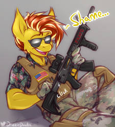 Size: 2000x2225 | Tagged: safe, artist:drizziedoodles, oc, oc only, oc:honey drizzle, anthro, american flag, ar-15, bullet, camo pants, camouflage, clothes, dialogue, gloves, gun, hawaiian shirt, high res, holster, knee pads, meme, plate carrier, rifle, shirt, smiling, solo, sunglasses, text, weapon