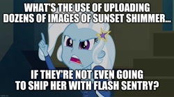 Size: 1280x714 | Tagged: safe, trixie, equestria girls, g4, my little pony equestria girls: rainbow rocks, image macro, implied flash sentry, implied flashimmer, implied shipping, implied straight, implied sunset shimmer, meme, shipper on deck, trixie yells at everything