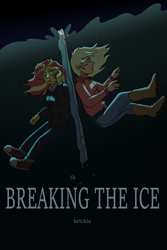Size: 3600x5400 | Tagged: safe, artist:applejackofalltrades, applejack, sunset shimmer, fanfic:breaking the ice, series:who we become, equestria girls, g4, converse, cover art, fanfic, fanfic art, fanfic cover, ice, shoes, underwater, water