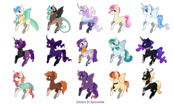 Size: 3162x1897 | Tagged: safe, artist:rascal4488, oc, oc only, alicorn, chimera, earth pony, pegasus, pony, zebra, adoptable, alicorn oc, armor, ear piercing, earth pony oc, fangs, freckles, horn, horns, jewelry, necklace, necktie, pegasus oc, piercing, wings