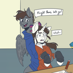 Size: 1048x1048 | Tagged: safe, artist:cluadiacloud, oc, oc only, oc:artfulcord, oc:arucordu, oc:cluadia, pegasus, pony, unicorn, comic:fear of heights, amputee, clothes, confused, dialogue, drawing, female, lifting, male, mare, prosthetic leg, prosthetic limb, prosthetics, sikan pegasus, simple background, stallion