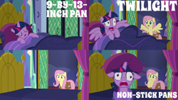 Size: 2000x1125 | Tagged: safe, edit, edited screencap, editor:quoterific, screencap, fluttershy, twilight sparkle, alicorn, pegasus, pony, a health of information, g4, bag, bed, bipedal, eyes closed, hoof over mouth, non stick pans, open mouth, saddle bag, sleeping, tired eyes, twilight sparkle (alicorn)