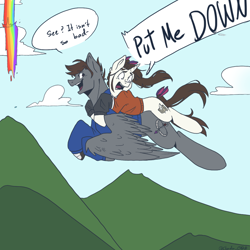 Size: 1048x1048 | Tagged: safe, artist:cluadiacloud, oc, oc only, oc:artfulcord, oc:arucordu, oc:cluadia, pegasus, pony, unicorn, comic:fear of heights, amputee, clothes, dialogue, drawing, female, flying, lying down, male, mare, on back, prosthetic leg, prosthetic limb, prosthetics, scared, sikan pegasus, size difference, stallion