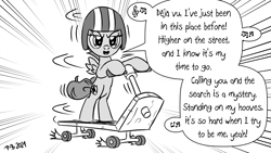 Size: 1200x675 | Tagged: safe, artist:pony-berserker, scootaloo, pegasus, pony, pony-berserker's twitter sketches, g4, dave rogers, deja vu, drift, drifting, halftone, helmet, lyrics, monochrome, music notes, scooter, singing, solo, song, song reference, text