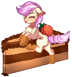 Size: 3715x3984 | Tagged: safe, artist:vetta, oc, oc only, oc:vanillaberry swirl, earth pony, food pony, original species, pony, :p, bowtie, commission, ear piercing, female, food, high res, jewelry, mare, one eye closed, pie, piercing, ponified, simple background, solo, tongue out, waffle hooves, wink, ych result