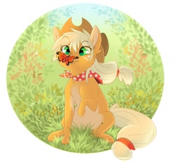 Size: 1280x1183 | Tagged: safe, artist:kidaoriginal, applejack, butterfly, earth pony, pony, g4, applejack's hat, cowboy hat, cute, eye clipping through hair, female, filly, filly applejack, freckles, grass, hat, insect on nose, jackabetes, neckerchief, signature, sitting, younger