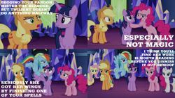 Size: 2000x1125 | Tagged: safe, edit, edited screencap, editor:quoterific, screencap, applejack, fluttershy, pinkie pie, rainbow dash, rarity, twilight sparkle, alicorn, earth pony, pegasus, pony, unicorn, g4, shadow play, applejack is not amused, bipedal, breaking the fourth wall, fluttershy is not amused, grin, gritted teeth, looking at you, mane six, open mouth, rainbow dash is not amused, smiling, twilight sparkle (alicorn), unamused