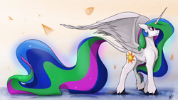 Size: 3840x2160 | Tagged: safe, artist:tenebrisnoctus, princess celestia, alicorn, pony, g4, concave belly, female, high res, hooves, impossibly long tail, large wings, leonine tail, long mane, long tail, mare, profile, slender, solo, sternocleidomastoid, tail, thin, unshorn fetlocks, wings