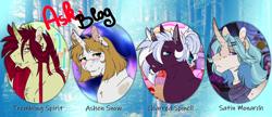 Size: 2800x1210 | Tagged: safe, artist:theblackcatstale, oc, oc:ashen snow, oc:charred spinel, oc:satin monarch, oc:trembling spirit, hengstwolf, pony, unicorn, werewolf, ask, colorful, finished, horn, tumblr, unicorn oc