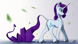 Size: 3840x2160 | Tagged: safe, artist:tenebrisnoctus, rarity, pony, unicorn, g4, female, high res, leonine tail, long tail, mare, petals, profile, puddle, reflection, solo