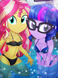 Size: 1800x2400 | Tagged: safe, artist:artmlpk, sci-twi, sunset shimmer, twilight sparkle, equestria girls, g4, adorable face, adorasexy, adorkable, alternate hairstyle, beautiful, beautisexy, bikini, black bikini, black swimsuit, blue swimsuit, breasts, cleavage, clothes, cute, digital art, dork, duo, female, hair, hot tub, looking at you, sci-twiabetes, sexy, shimmerbetes, short hair, sitting, sleeveless, swimming pool, swimsuit, twiabetes, water, watermark, wet, wet hair