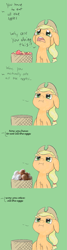 Size: 715x2665 | Tagged: safe, artist:happy harvey, edit, applejack, earth pony, pony, g4, :i, angry, apple, applejack's hat, basket, chest fluff, cowboy hat, crying, cute, dialogue, egg, floppy ears, food, fuck you i can eat all these apples, glare, green background, hat, jackabetes, looking up, madorable, meme, offscreen character, open mouth, out of character, raised eyebrow, simple background, solo, you have to eat all the eggs