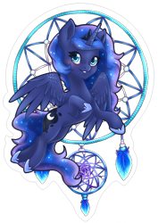 Size: 2480x3507 | Tagged: safe, artist:tokokami, princess luna, alicorn, pony, g4, chest fluff, chromatic aberration, colored pupils, cute, dreamcatcher, ear fluff, female, high res, lunabetes, mare, simple background, smiling, solo, transparent background