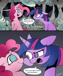 Size: 2950x3546 | Tagged: safe, artist:colochenni, pinkie pie, twilight sparkle, earth pony, pony, unicorn, g4, comic, dialogue, drawthread, female, forest, high res, mare, out of character, scrunchy face, twilight sparkle is not amused, unamused, unicorn twilight