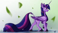 Size: 3840x2160 | Tagged: safe, artist:tenebrisnoctus, twilight sparkle, alicorn, pony, g4, abstract background, butt, colored wings, concave belly, female, high res, hoof fluff, hooves, horn, impossibly long tail, large wings, leg fluff, leonine tail, long horn, long tail, mare, multicolored wings, petals, plot, profile, puddle, reflection, signature, slender, solo, tail, thin, twibutt, twilight sparkle (alicorn), unshorn fetlocks, walking, wings