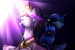 Size: 1500x1000 | Tagged: safe, artist:mazeness, princess celestia, princess luna, alicorn, pony, g4, alternate hairstyle, crown, crying, eyes closed, glowing horn, horn, jewelry, open mouth, regalia, royal sisters, siblings, sisters