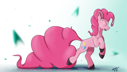 Size: 3840x2160 | Tagged: safe, artist:tenebrisnoctus, pinkie pie, earth pony, pony, g4, eyes closed, female, happy, high res, long tail, mare, petals, profile, puddle, reflection, signature, solo, sternocleidomastoid, unshorn fetlocks