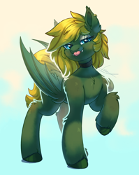 Size: 2096x2633 | Tagged: safe, artist:peachmayflower, oc, oc:midnight lightning, bat pony, pony, :p, bat pony oc, bat wings, blue eyes, choker, commission, ear piercing, earring, eyeshadow, fangs, female, high res, jewelry, lidded eyes, looking at you, makeup, mare, piercing, smiling, solo, standing, tongue out, wings