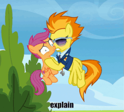Size: 513x463 | Tagged: safe, edit, edited screencap, screencap, scootaloo, spitfire, pegasus, pony, g4, the washouts (episode), abuse, animated, basically i'm very smol, bitchfire, child abuse, clothes, cropped, duo, explain your smolness, female, filly, flying, foal, gif, holding a pony, loop, mare, scootabuse, shaking, shrunken pupils, size difference, spitfire's tie, sunglasses, text edit, uniform, wonderbolts dress uniform