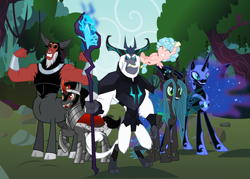 Size: 2102x1507 | Tagged: safe, artist:amigogogo, cozy glow, king sombra, lord tirek, nightmare moon, queen chrysalis, storm king, alicorn, centaur, changeling, pegasus, pony, satyr, unicorn, g4, my little pony: the movie, antagonist, armor, bow, bracer, cape, clothes, cloven hooves, colored horn, curved horn, female, filly, hair bow, horn, male, mare, nose piercing, nose ring, piercing, septum piercing, staff, staff of sacanas, stallion