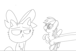 Size: 810x548 | Tagged: safe, artist:crossovercartoons, mitsy, rainbow dash, cat, pegasus, pony, g4, may the best pet win, bow, cute, dashabetes, digital art, digital drawing, frown, holding, looking right, monochrome, puddy tat, role reversal, simple background, sketch, solo, tongue out, white background
