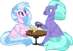 Size: 4973x3490 | Tagged: safe, artist:kurosawakuro, seaspray, silverstream, classical hippogriff, hippogriff, pony, g4, absurd resolution, base used, jewelry, necklace, older, older silverstream, simple background, table, teapot, transparent background