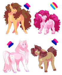 Size: 3000x3600 | Tagged: safe, artist:uunicornicc, cheese sandwich, pinkie pie, oc, oc:cookie crumble, oc:love heart, earth pony, pony, g4, bisexual, bisexual pride flag, explanation in the description, headcanon, high res, offspring, pansexual, pansexual pride flag, parent:cheese sandwich, parent:pinkie pie, parents:cheesepie, pride, pride flag, sexuality headcanon, simple background, white background