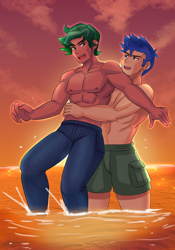 Size: 800x1143 | Tagged: safe, artist:tzc, flash sentry, timber spruce, equestria girls, g4, anime, beach, clothes, commission, gay, male, pants, partial nudity, ship:timberflash, shipping, sunset, topless, water