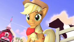 Size: 1920x1080 | Tagged: safe, artist:spinostud, applejack, earth pony, pony, g4, 3d, farm, hat, looking at you, solo, source filmmaker, sweet apple acres