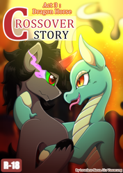 Size: 800x1131 | Tagged: safe, artist:vavacung, king sombra, tianhuo (tfh), dragon, hybrid, longma, pony, unicorn, comic:crossover story, comic:crossover story 3, them's fightin' herds, g4, comic cover, community related, crossover, female, male, stallion