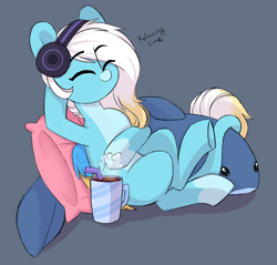 Size: 3524x3374 | Tagged: safe, artist:cloud-fly, oc, oc only, pegasus, pony, shark, blåhaj, chocolate, coat markings, eyes closed, facial markings, food, headphones, high res, hooves behind head, hot chocolate, listening to music, markings, pale belly, pillow, relaxing, shark plushie, sitting, snip (coat marking), solo, two toned mane, two toned wings, wings