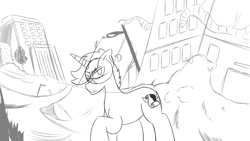 Size: 1920x1080 | Tagged: safe, artist:inky scroll, oc, oc only, oc:inky scroll, pony, unicorn, destroyed building, looking at you, monochrome, sketch, solo, wasteland