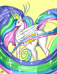 Size: 2975x3850 | Tagged: safe, artist:snake-em, princess celestia, pony, g4, butt, high res, looking back, plot, simple background, sparkles, sunbutt, yellow background