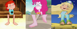 Size: 5760x2160 | Tagged: safe, edit, edited screencap, screencap, pinkie pie, equestria girls, equestria girls series, friendship math, g4, too hot to handle, barefoot, beach, ben 10, ben 10 2016, comparison, feet, fetish, foot fetish, foot focus, geode of sugar bombs, gwen tennyson, hotfoot, magical geodes, seaberry delight, strawberry shortcake, wiggling toes