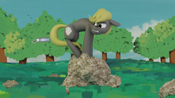 Size: 1920x1080 | Tagged: safe, artist:queen-razlad, oc, oc only, oc:trestle, earth pony, monkey, mouse, pony, 2d shader, 3d, angry, blender, cursor, fear, ghibli, grass, npr, rock, scenery, solo, suzanne, tree