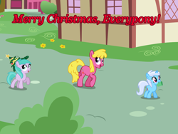 Size: 2048x1536 | Tagged: safe, artist:violetclm, aura (g4), bloo, cherry berry, earth pony, pony, unicorn, g4, atg 2020, christmas, christmas lights, christmas party, christmas tree, cutie mark, female, filly, hat, holiday, it's a pony kind of christmas, linkelina, marching, mare, merry christmas, mouth hold, mug, newbie artist training grounds, op is a slowpoke, ornaments, party, ponyville, slowpoke, text, tree, trotting, walking