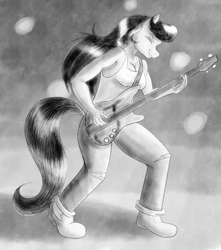 Size: 2000x2267 | Tagged: safe, artist:sixes&sevens, octavia melody, earth pony, anthro, g4, clothes, eyes closed, female, guitar, high res, jeans, monochrome, musical instrument, pants, ripped jeans, ripped pants, rock (music), rocktavia, solo, tank top, torn clothes