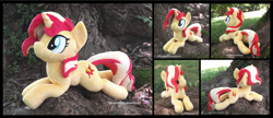 Size: 4057x1754 | Tagged: safe, artist:peruserofpieces, sunset shimmer, pony, unicorn, g4, beanie (plushie), female, happy, horn, irl, lying down, mare, photo, plushie, prone, smiling, solo, sploot, tree
