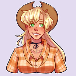 Size: 1889x1889 | Tagged: safe, artist:rubimlp6, applejack, human, g4, alternate hairstyle, applejack's hat, blushing, breasts, cowboy hat, female, flannel, freckles, gray background, grin, hat, humanized, simple background, smiling, solo