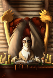 Size: 2014x2934 | Tagged: safe, artist:jamescorck, oc, oc:grimm tales, griffon, bits, bobblehead, book, bookmark, chair, coin, grunkle stan, high res, looking at you, money bag, red eyes, solo