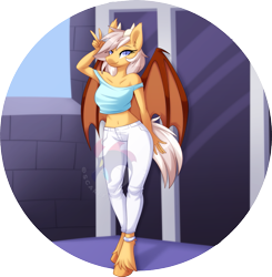 Size: 1061x1084 | Tagged: safe, artist:scarlet-spectrum, oc, oc only, oc:silver veil, bat pony, anthro, unguligrade anthro, anklet, bat pony oc, bat wings, belly button, clothes, horns, midriff, short shirt, solo, watermark, wings