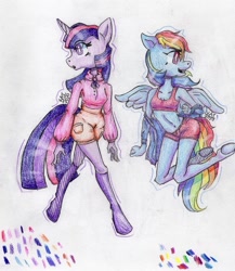 Size: 792x914 | Tagged: safe, artist:scribleydoodles, rainbow dash, twilight sparkle, alicorn, anthro, unguligrade anthro, g4, belly button, breasts, cleavage, clothes, duo, flying, hoodie, open mouth, shorts, simple background, sports bra, sports shorts, traditional art, twilight sparkle (alicorn), white background